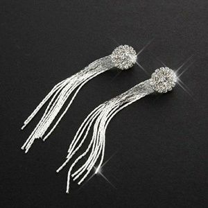 Long Silver Color Dangling Chain Tassel Crystal Earrings
